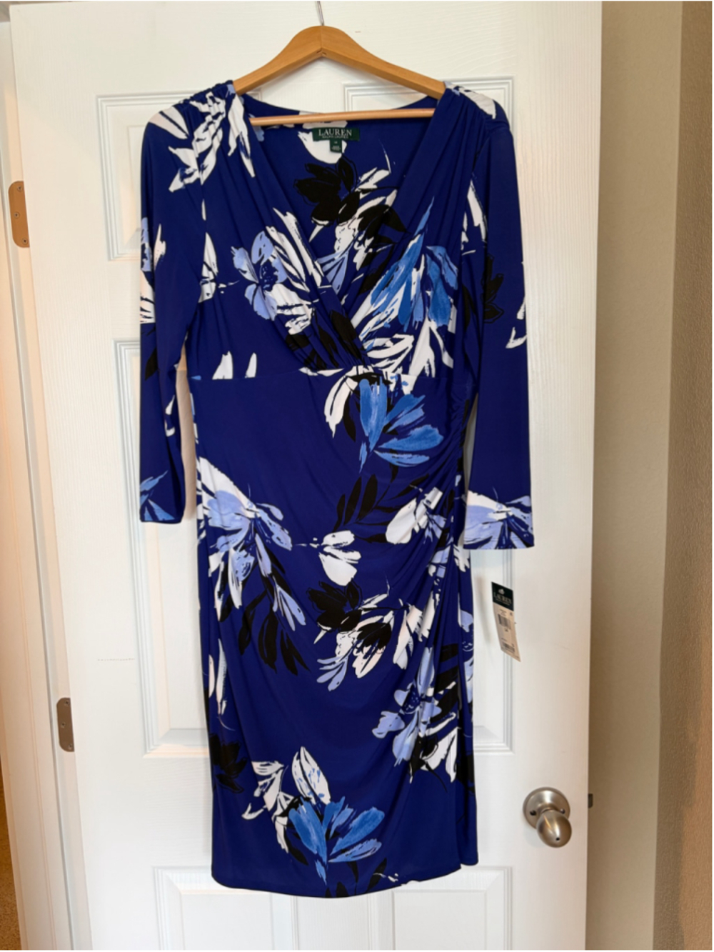 NWT Lauren Ralph Lauren Dress Size 14 Ruched Faux Wrap Slimming Cocktail G14